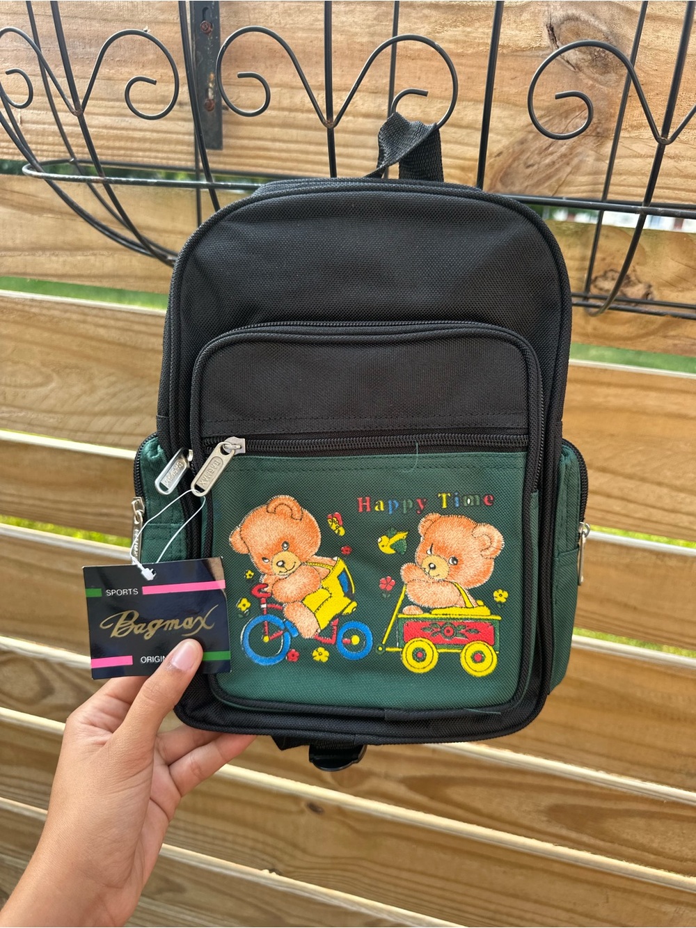 Kids Backpack - Green "Happy Time" Bear Design
